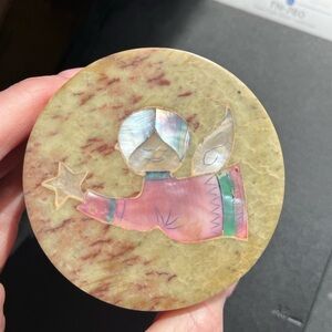 Vintage Soapstone Trinketbox with Mother of Pearl Angel Inlay
